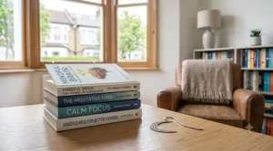 Silhouette of a person meditating peacefully with a glowing lotus symbol, surrounded by top mindfulness and brain function books.