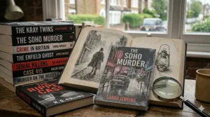 A contemporary British true crime paperback held in a person's hands against a blurred urban background.