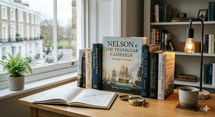 A collection of historical books about Horatio Nelson and the Battle of Trafalgar displayed on a library shelf. nelson trafalgar books