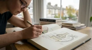 A student reading a neuroscience book for beginners in a quiet, well-lit UK library setting.