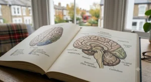 Close-up of open pages from a foundational neuroscience book, showing clear diagrams of the human brain.