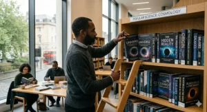A person organising their personal bookshelf, highlighting a dedicated section for popular science cosmology books.