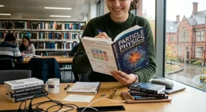 A student referencing a textbook on particle physics, focusing on a diagram of the Standard Model and subatomic particles.
