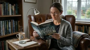 A reader sitting in a comfortable armchair at home, engrossed in a compelling book about a cold case investigation.