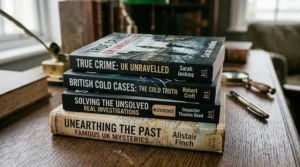 A 4K photorealistic close-up of a stack of four true crime and non-fiction cold case books on a worn dark oak desk. The top book is titled "TRUE CRIME: UK UNRAVELLED" by "Sarah Jenkins", with others visible below, all featuring grit-themed covers. Natural daylight illuminates the scene.