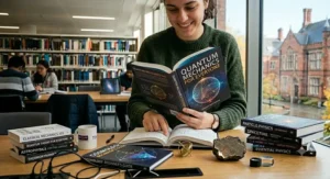 A student carefully reading a guide to quantum mechanics for beginners, highlighting clear visualisations of wave-particle duality.