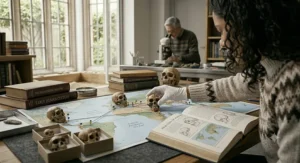 A person sitting in a quiet library reading a book about human evolution and scientific history.