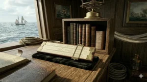 A collection of antique maritime books and a navigational scale, suggesting a refined reading list for fans of British maritime classics.