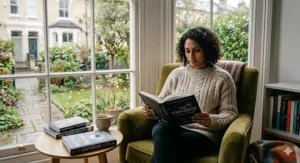 A cosy British reading nook with a cup of tea and a stack of engaging popular science cosmology books.