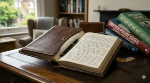 An old-fashioned police notebook resting on a desk next to books on British police cases.