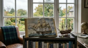 Alt text for image 2: Detailed technical illustration from a Royal Navy book showing the deck plans and rigging of an 18th-century British man-of-war.