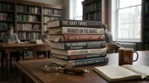 Neat stacks of popular British true crime books displayed in a well-lit independent bookshop.