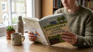 A photorealistic close-up of a person in a sunlit UK study, holding an open copy of Sustainable Living: A UK Guide to Reducing Your Carbon Footprint, displaying realistic covers, an energy infographic, and a UK-specific carbon index map.