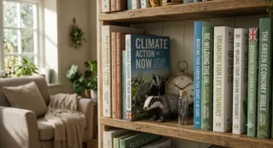 A stack of impactful books about climate action and environmental activism to encourage positive change.