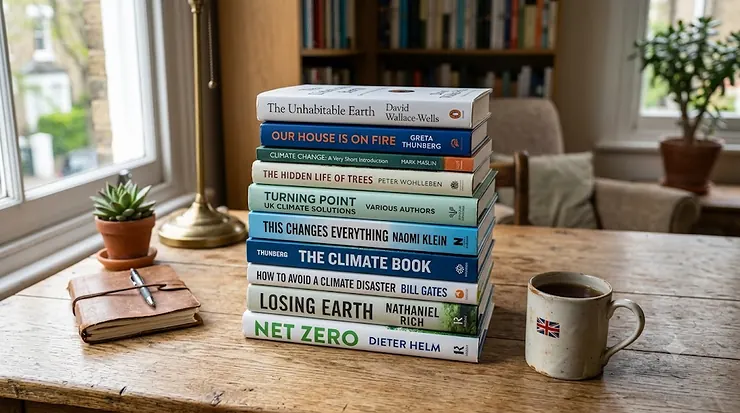 A selection of the best climate change books stacked on a wooden desk. climate change books