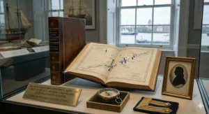 An open book showing period-accurate nautical charts and maps of the Trafalgar naval campaign.