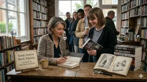 A British true crime author signing a copy of their latest bestseller at a local bookshop event.