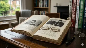 Close-up of hands opening a detailed book about historic British criminal investigations.