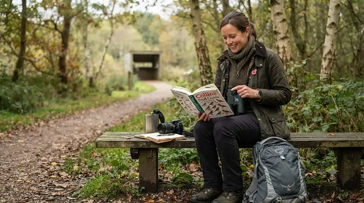 A curated stack of the best bird watching books for enthusiasts, featuring classic British field guides and modern identification manuals on a wooden table. bird watching books