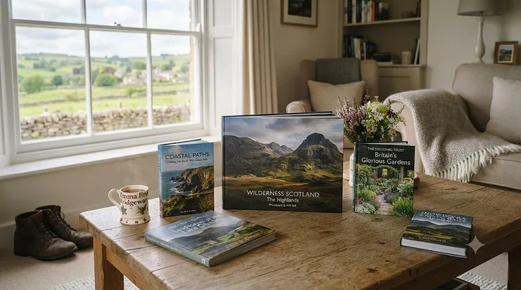 A curated selection of British landscape books displayed on a wooden table, showcasing titles about the English countryside and dramatic photography of the UK. british landscape books