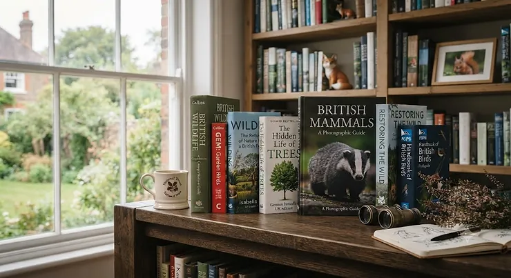 A curated collection of the best British wildlife books, featuring field guides and nature photography books resting on a wooden surface. british wildlife books