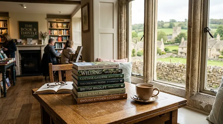 A stack of country living books on a wooden table beside a window overlooking a green Cotswolds landscape. country living books