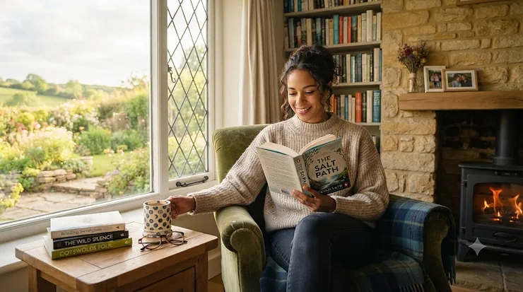 A cosy reading nook by a window overlooking rolling green hills and a stone cottage. best countryside books