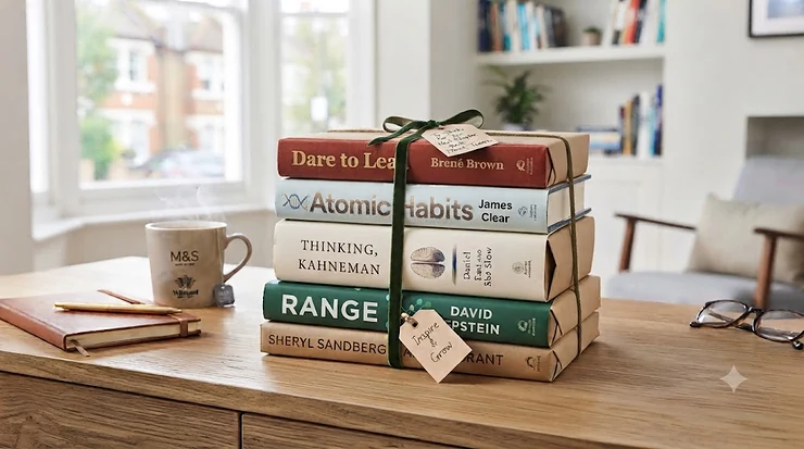 A collection of top leadership books wrapped as thoughtful corporate and personal gifts on a wooden desk. leadership books for gifts