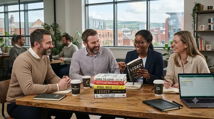 Flat lay of top-rated leadership and management books on a wooden desk, representing essential reading for British professionals and business leaders. best leadership books