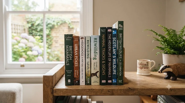 A selection of popular non-fiction mammals books displayed on a wooden shelf, featuring titles on British wildlife and global species. mammals books