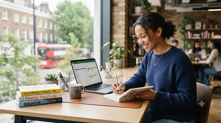 A curated stack of top-selling business and management books displayed on a modern office desk in London. management books bestsellers