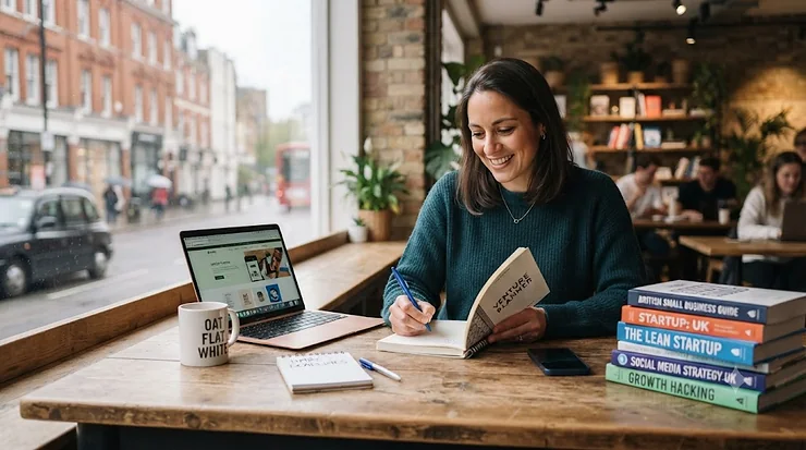 Flat lay of top-rated small business books and a notebook on a wooden desk, tailored for UK entrepreneurs. small business books