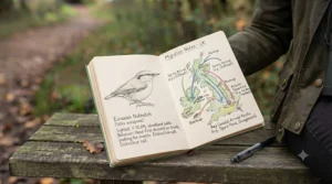 A diagram from a comprehensive bird watching book illustrating seasonal migration patterns of species visiting the UK.