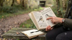 A pair of binoculars resting next to an essential bird identification book, highlighting the perfect kit for UK birding trips.