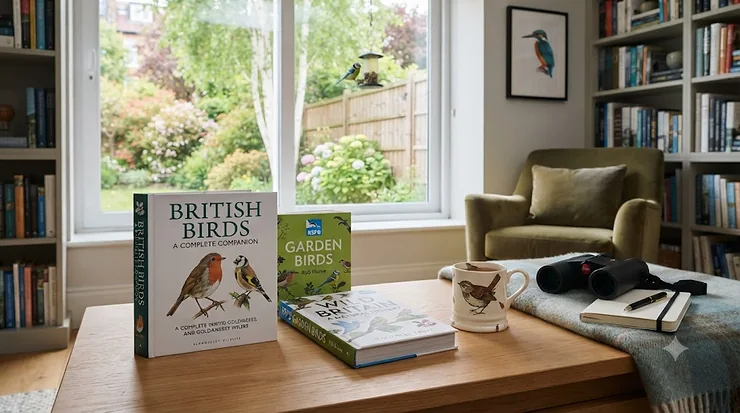 A curated collection of British birds books featuring field guides and ornithological literature on a wooden table, perfect for bird watchers in the UK. british birds books