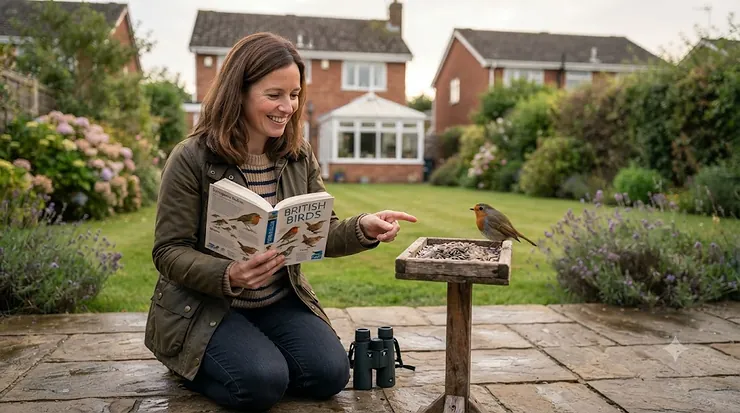 A high-quality field guide open to a page showing a variety of common British garden birds, serving as a comprehensive identification manual for UK birdwatchers. british birds field guide