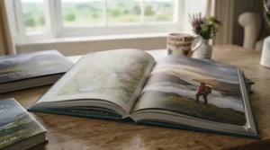 An open book titled 'The Cumbrian Fells' on a wooden table, showing a detailed map of the Lake District fells on the left and a dramatic photograph of a solitary hiker in an orange jacket on a ridge at sunset on the right.