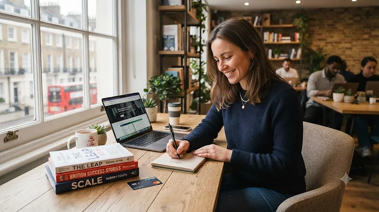 A stack of inspiring business and leadership books written by successful British entrepreneurs on a wooden desk. british entrepreneur books