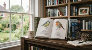 An open page from a British garden bird identification book showing illustrations of a blue tit and robin.