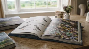An open volume titled 'British Coastal Wildlife', featuring detailed illustrations of seabirds like puffins on the left page and a macro photograph of a colourful rock pool on the right.