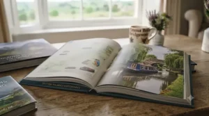 An open book titled 'British Inland Waterways', showing a detailed map of the canal system on the left page and a photograph of a narrowboat on a tranquil canal with a stone bridge on the right.