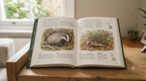 A detailed field guide open to a page showing native British mammals like badgers and hedgehogs in their natural habitat.