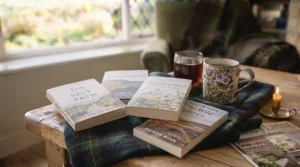 A flat-lay arrangement of contemporary British nature writing books on a tartan blanket.