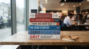 A stack of popular business books chosen to help professionals organise their career growth.
