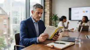 A British business leader reviewing a top-ranked management strategy book in a corporate boardroom.