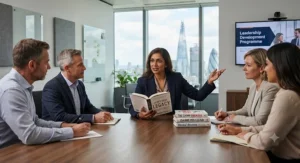 Executive reading a contemporary business leadership book in a modern London corporate office boardroom.