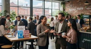 Professionals collaborating at a UK entrepreneurship networking event and book club.