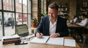 A structured business plan workbook and pen ready for writing a UK company strategy.