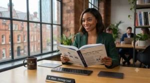 A professional reading a business strategy book focused on leadership and growth in the UK market.