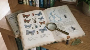 A child holding a colourful, illustrated natural history book about woodland creatures and British forestry.